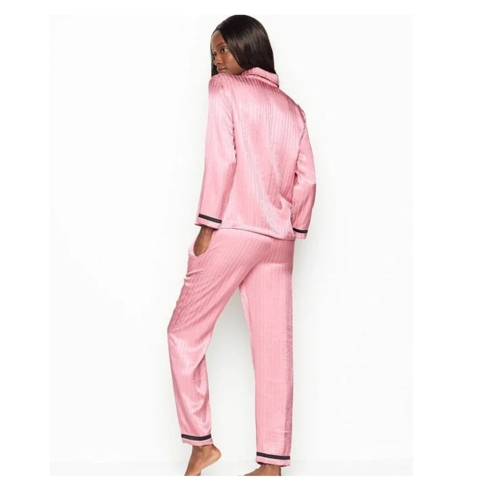 Victoria's Secret Pajama Matching Set Lg Pink Satin Striped Button Up Barbiecore